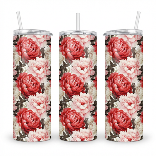 white and Red Peony Flowers Tumbler Bottle