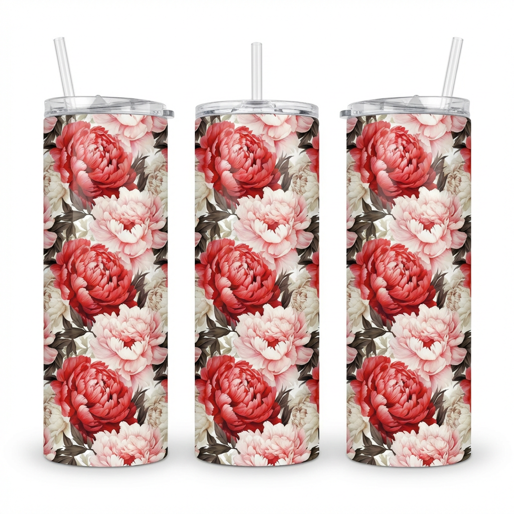 white and Red Peony Flowers Tumbler Bottle