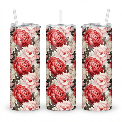 white and Red Peony Flowers Tumbler Bottle