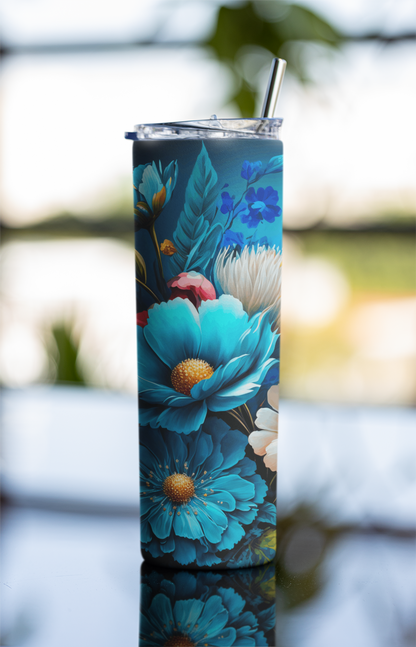 3D Blue Flowers Tumbler Bottle