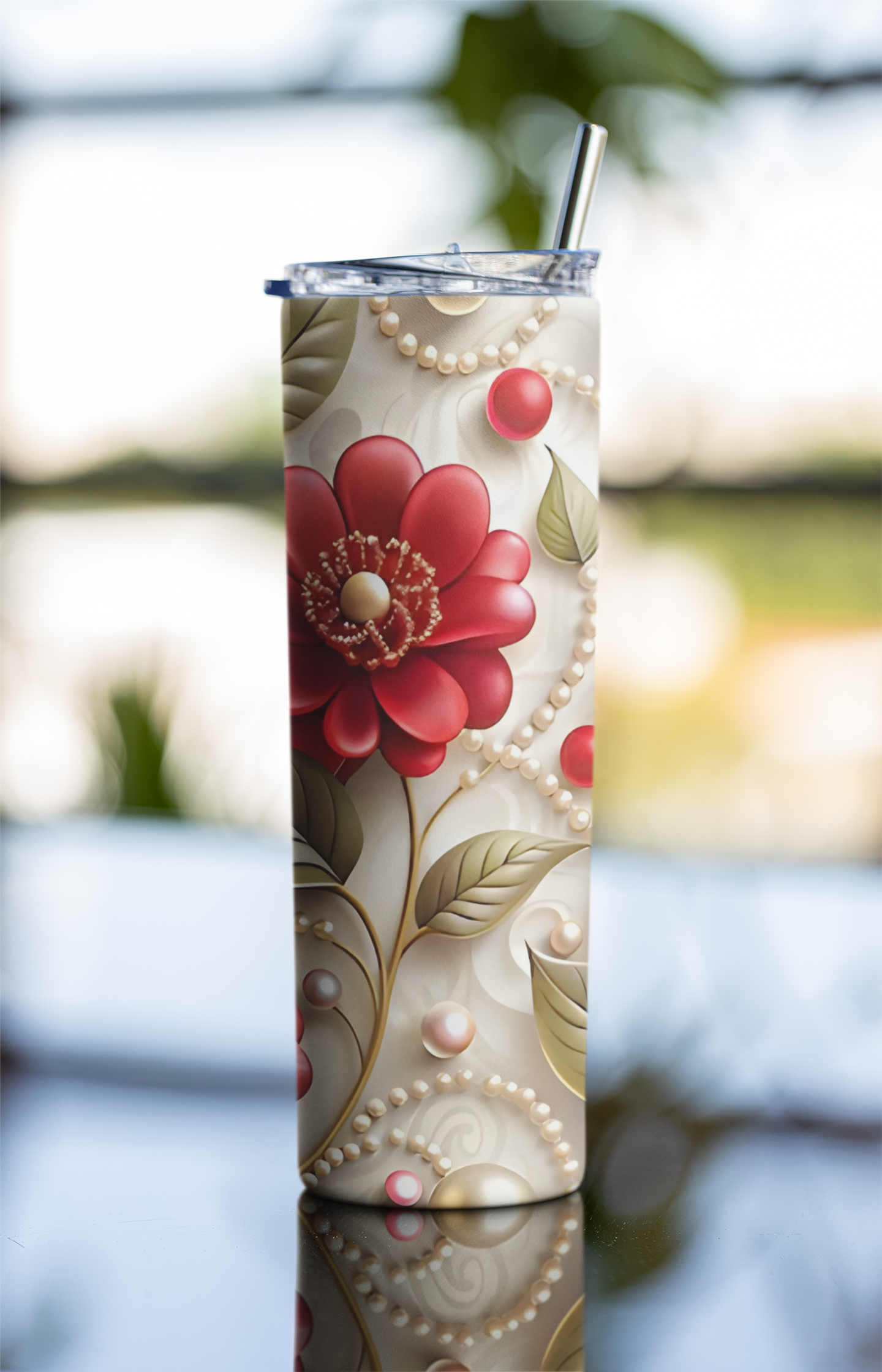 3D Flowers and Pearls Tumbler Bottle