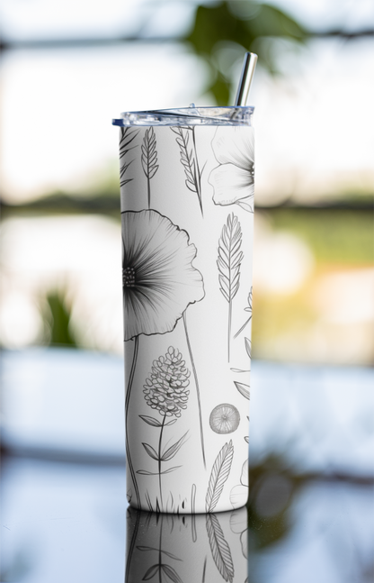 Black and White Flowers Tumbler Bottle