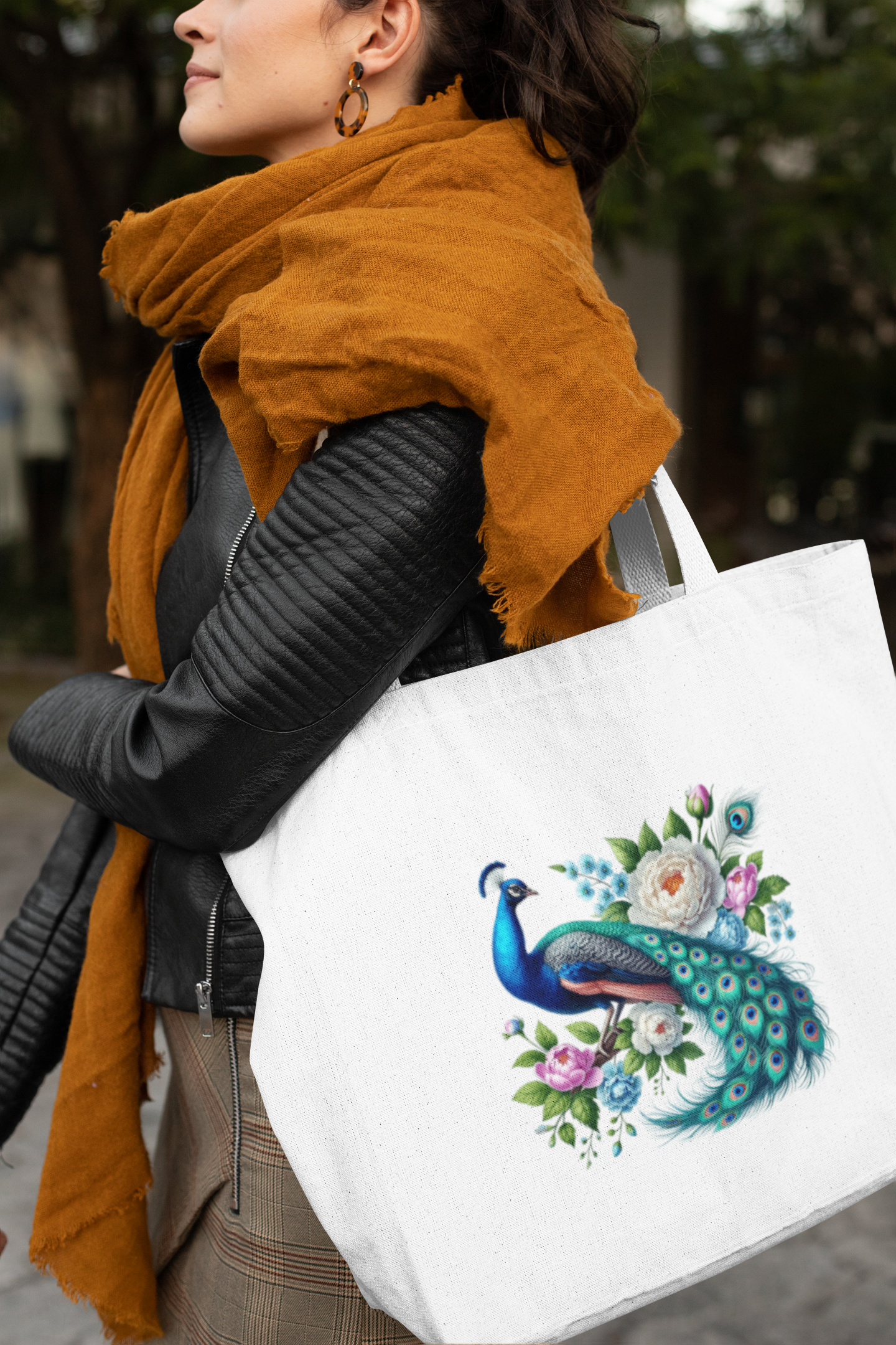 Floral Peacock Everyday Large Tote Bag