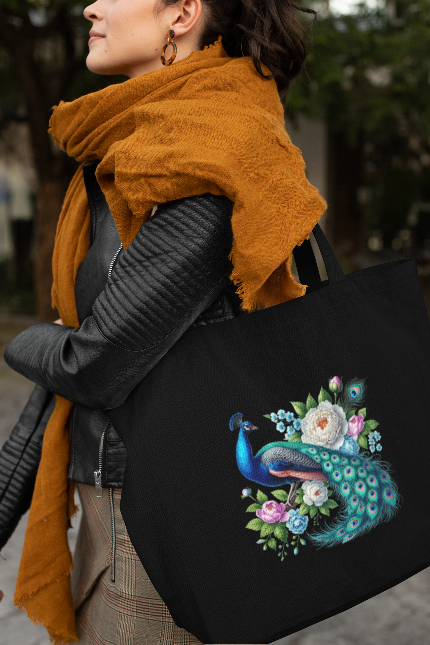 Floral Peacock Everyday Large Tote Bag