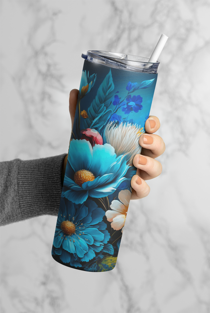 3D Blue Flowers Tumbler Bottle