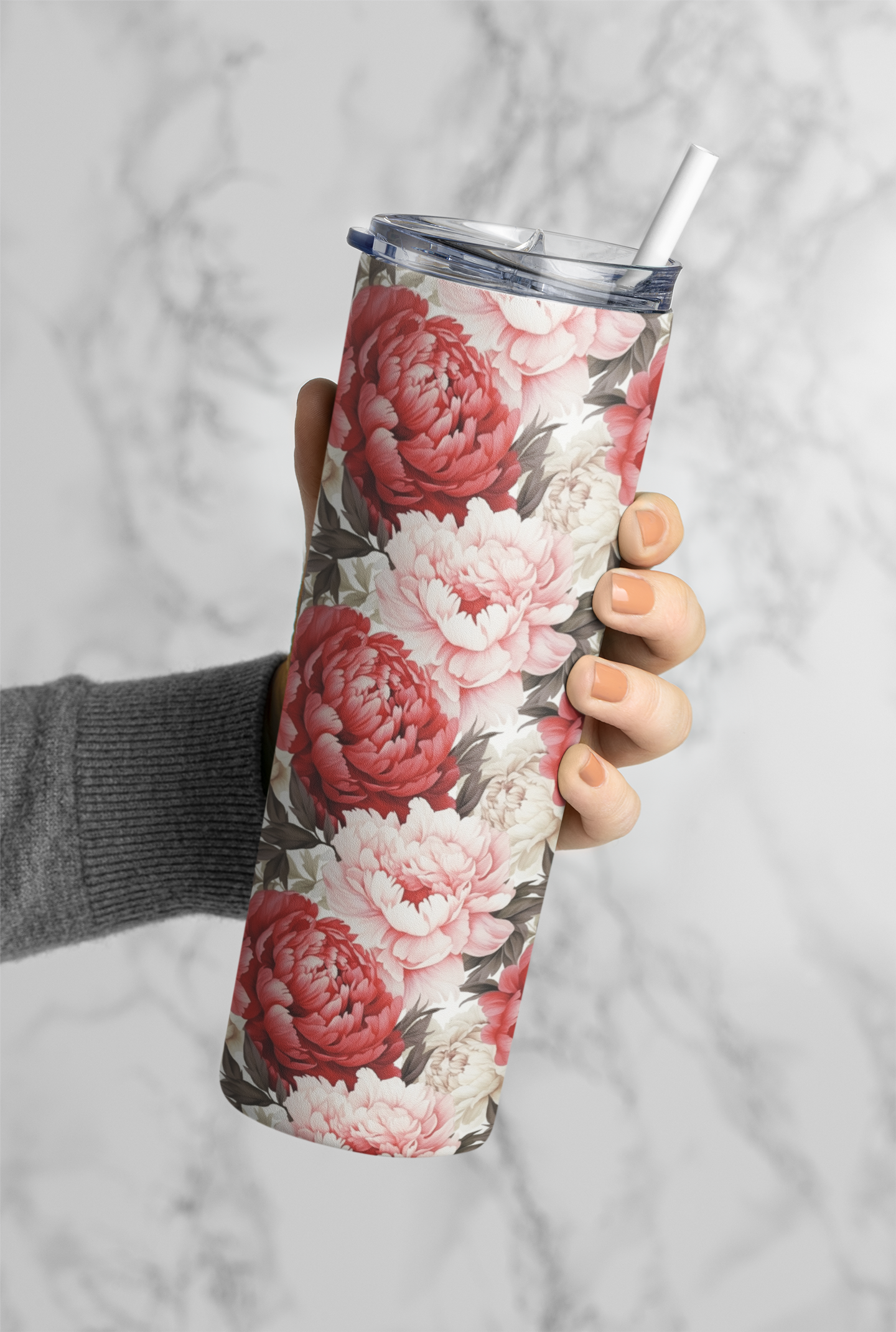 white and Red Peony Flowers Tumbler Bottle