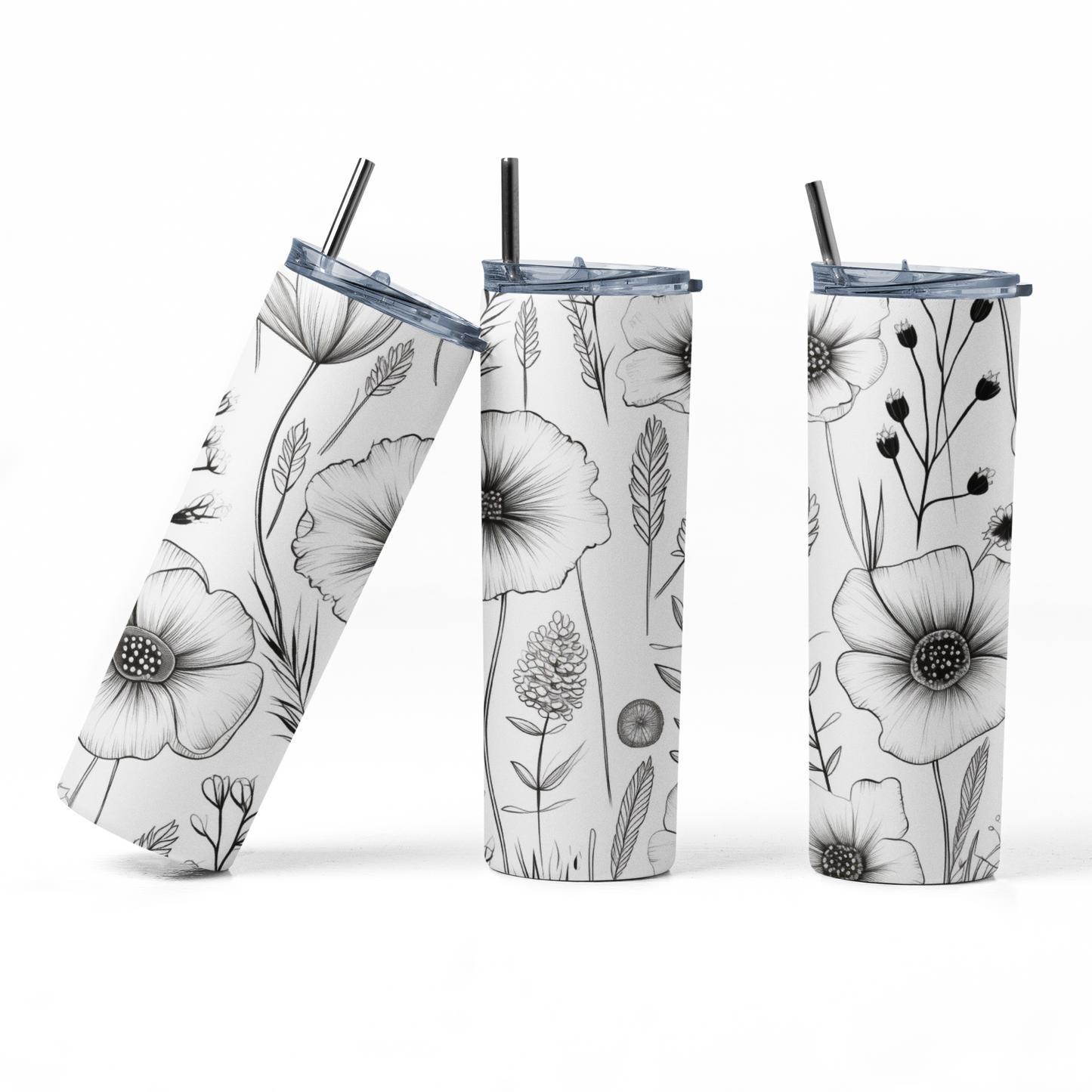 Black and White Flowers Tumbler Bottle