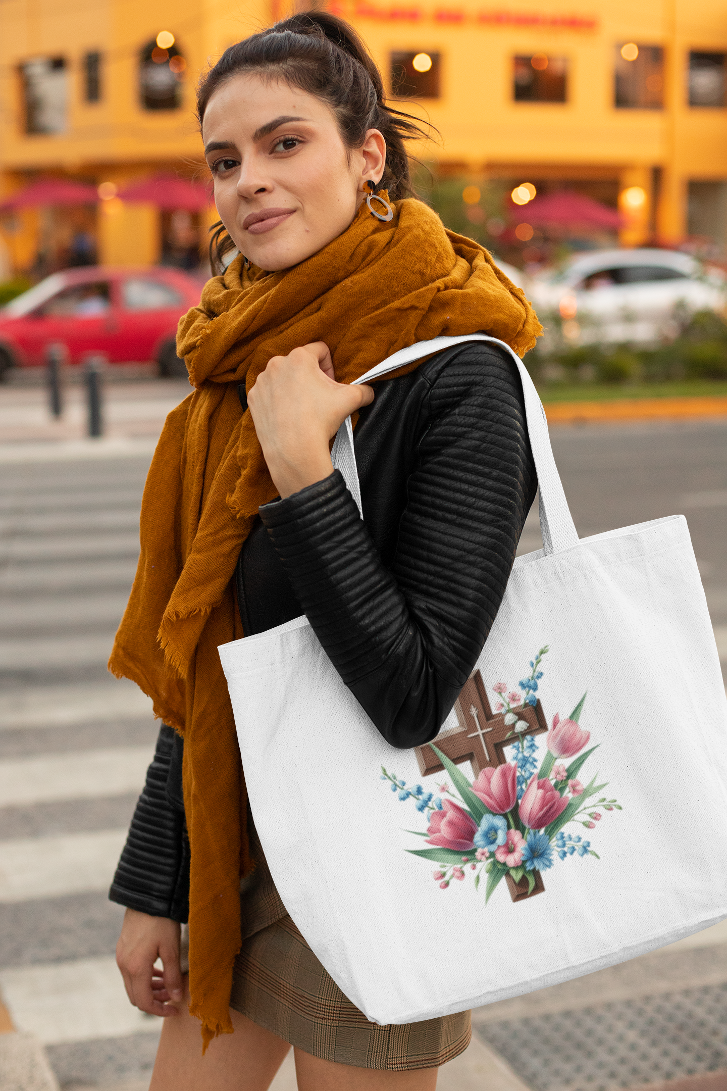 Floral Cross Everyday Large Tote Bag